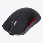 An angled view of the black Xtrike Me GW-613 wireless gaming mouse with a white illuminated scroll wheel and red side buttons. A top-down view of the black Xtrike Me GW-613 wireless gaming mouse with RGB base lighting and red side buttons. Xtrike Me GW-613 Tri-mode Wireless Gaming Mouse