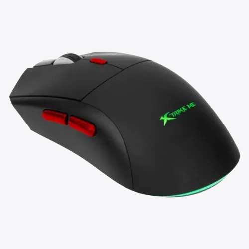 An angled view of the black Xtrike Me GW-613 wireless gaming mouse with a white illuminated scroll wheel and red side buttons. A top-down view of the black Xtrike Me GW-613 wireless gaming mouse with RGB base lighting and red side buttons. Xtrike Me GW-613 Tri-mode Wireless Gaming Mouse