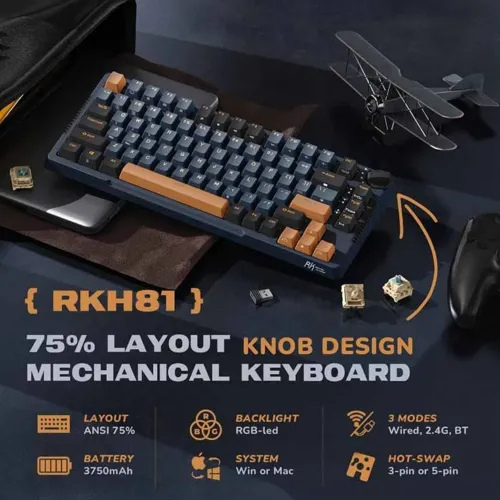 Royal Kludge RK H81 RGB Tri-Mode Hot-Swappable Cyan Switch And White Mechanical Keyboard
